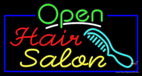 Green Open Hair Salon with Blue Border Real Neon Glass Tube Neon Sign 
