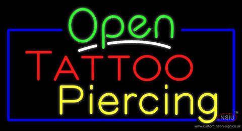 Open Tattoo Piercing Blue Border Neon Sign 