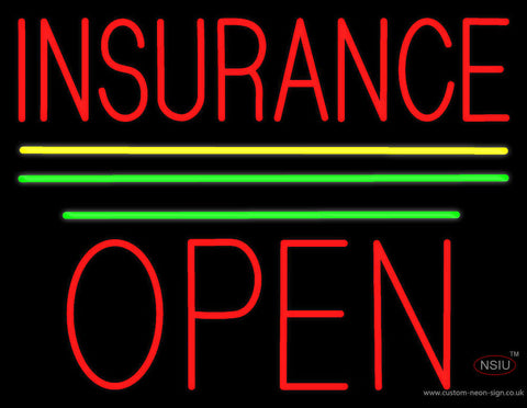Red Insurance Open Block Yellow Green Line Neon Sign 