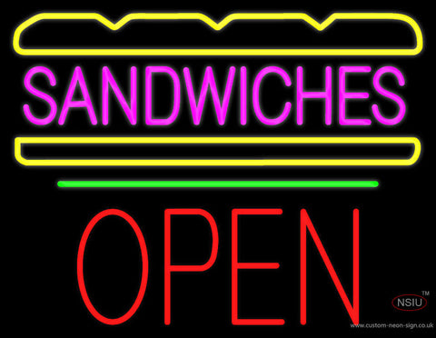 Sandwiches Logo Block Open Green Line Neon Sign