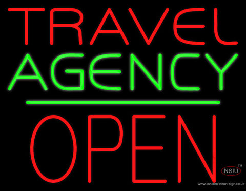 Travel Agency Open Block Green Line Neon Sign 