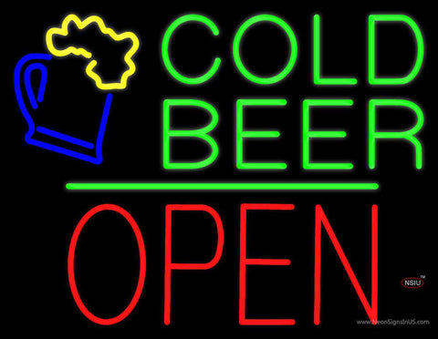 Cold Beer Block Open Green Line Real Neon Glass Tube Neon Sign 
