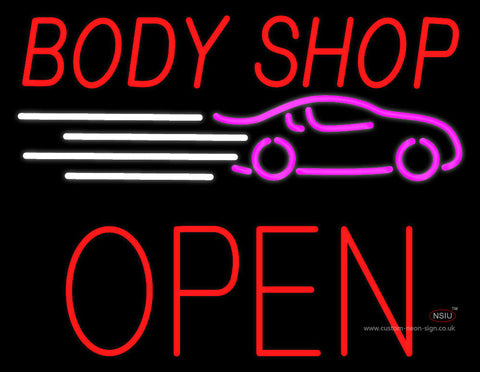 Red Body Shop Open Block Neon Sign 