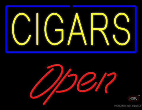 Yellow Cigars Blue Border Open Neon Sign 