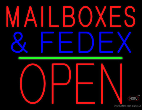 Mail Boxes and FedEx Open Block Green Line Neon Sign 