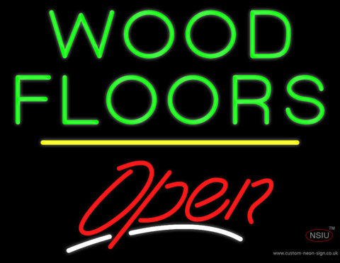 Wood Floors Script Open Yellow Line Neon Sign 