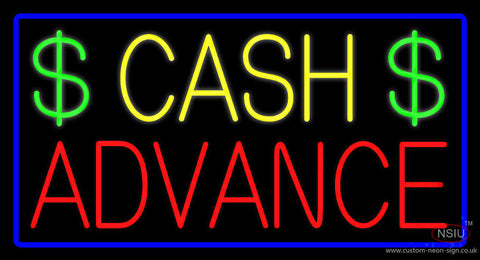 Yellow Cash Advance Dollar Logo Blue Border Neon Sign 