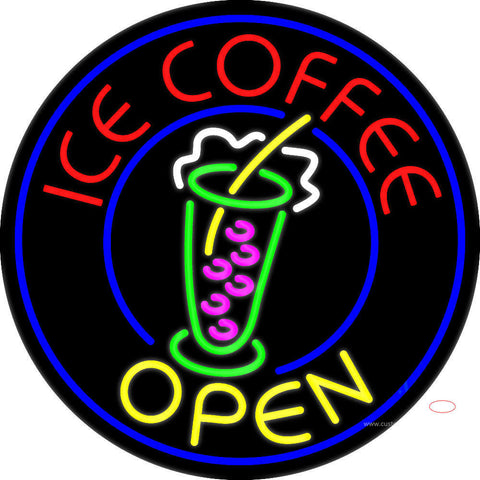 Round Ice Coffee Open  Neon Sign 