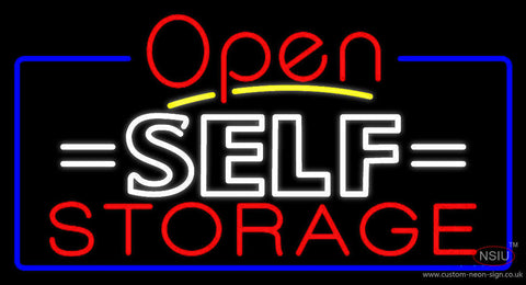 White Self Storage Block With Open  Neon Sign 