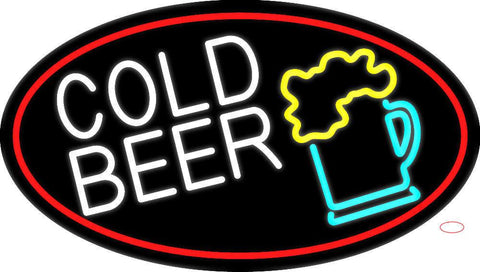 Cold Beer And Beer Mug Oval With Red Border Real Neon Glass Tube Neon Sign 