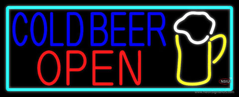 Cold Beer Open And Mug In Between With Turquoise Real Neon Glass Tube Neon Sign 