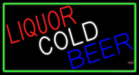 Liquors Cold Beer With Green Border Real Neon Glass Tube Neon Sign 