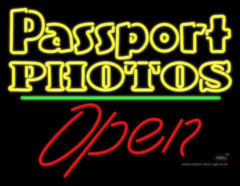 Passport Photos Block With Open  Neon Sign 