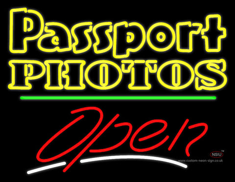 Passport Photos Block With Open  Neon Sign 