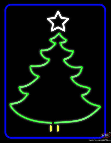 Blue Border Green Christmas Tree Logo Real Neon Glass Tube Neon Sign 
