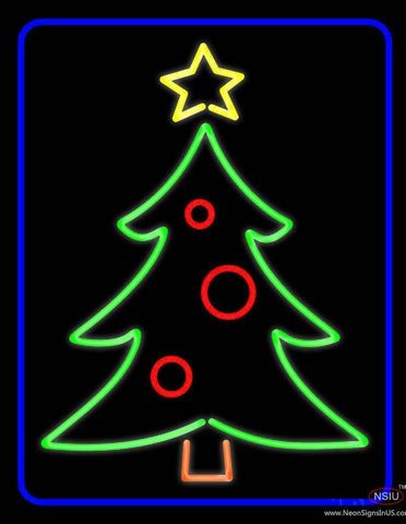 Blue Border Green Christmas Tree Real Neon Glass Tube Neon Sign 