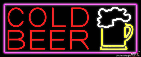 Cold Beer And Beer Mug With Pink Border Real Neon Glass Tube Neon Sign 