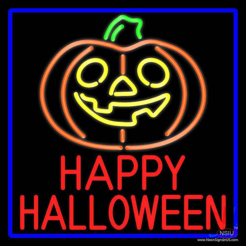 Happy Halloween Pumpkin With Blue Border Real Neon Glass Tube Neon Sign 