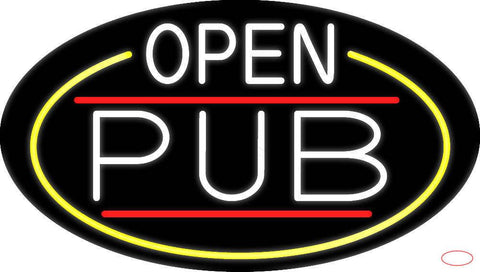White Open Pub Oval With Yellow Border Real Neon Glass Tube Neon Sign 