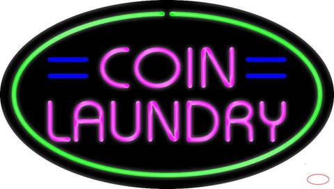 Pink Coin Laundry Oval Green Border Real Neon Glass Tube Neon Sign 