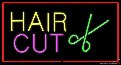 Hair Cut Logo with Red Border Real Neon Glass Tube Neon Sign 
