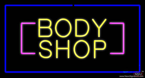 Yellow Body Shop Blue Rectangle Real Neon Glass Tube Neon Sign 