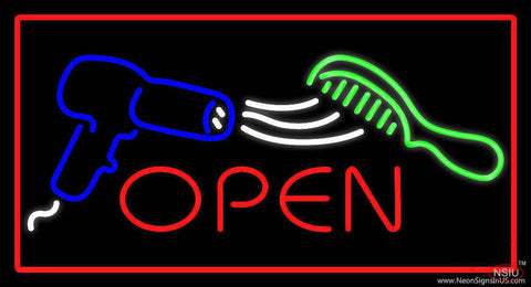 Red Open Dryer and Comb Logo Red Border Real Neon Glass Tube Neon Sign 