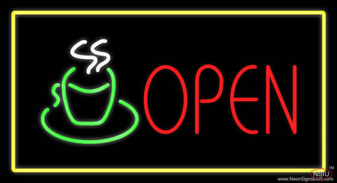 Open Rectangle Coffee Logo Yellow Real Neon Glass Tube Neon Sign 