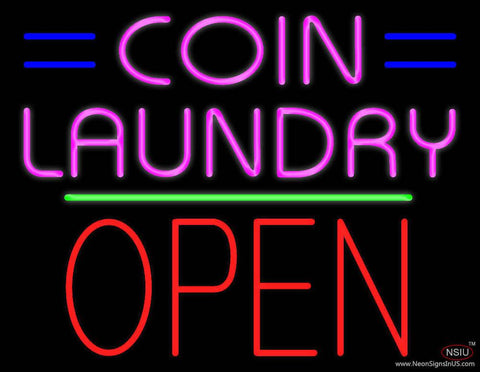 Coin Laundry Block Open Green Line Real Neon Glass Tube Neon Sign 