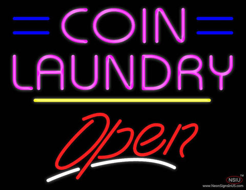 Coin Laundry Open Yellow Line Real Neon Glass Tube Neon Sign 