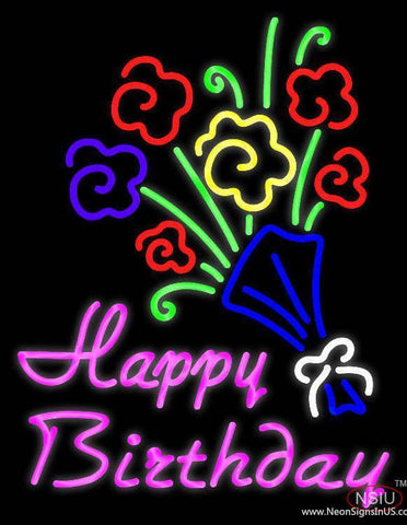 Happy Birthday with Bouquet Real Neon Glass Tube Neon Sign 