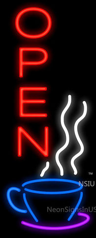 Vertical Open With Coffee Cup Neon Sign