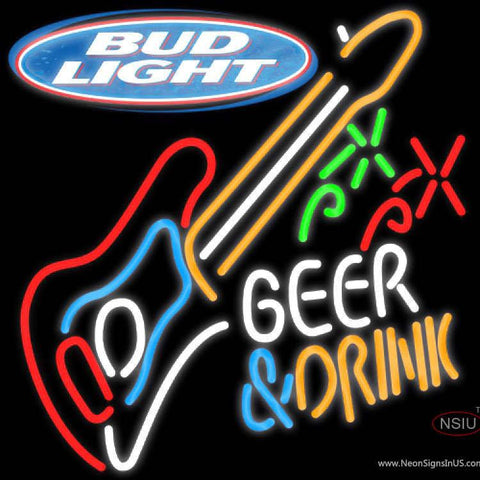 Bud Light Beer And Drink GUITAR Real Neon Glass Tube Neon Sign 