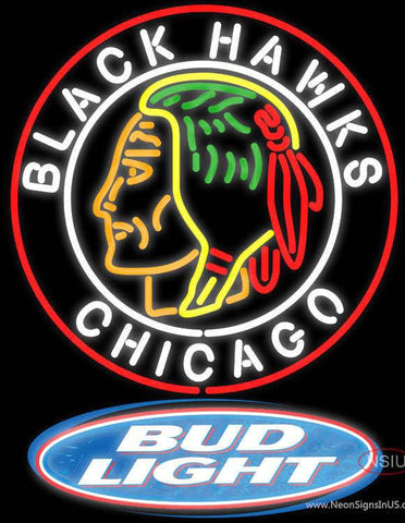 Bud Light Logo Commemorative  Chicago Blackhawks Real Neon Glass Tube Neon Sign 