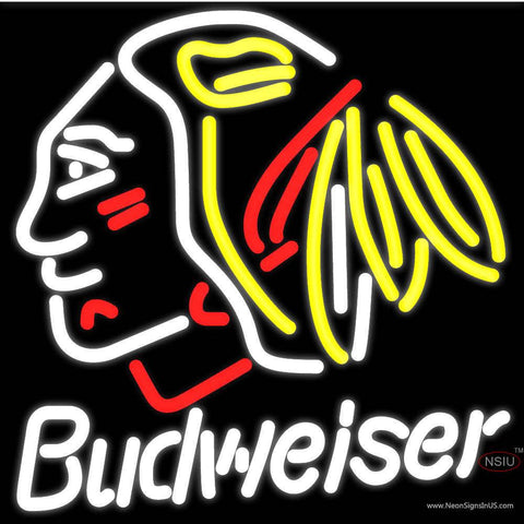 Budweiser Chicago Blackhawks Indian Hockey Real Neon Glass Tube Neon Sign 