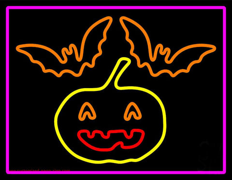 Pumpkin And Bats With Pink Border Neon Sign 
