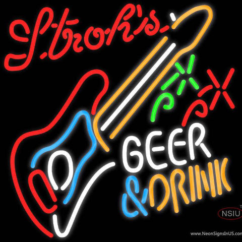 Strohs Beer And Drink Guitar Real Neon Glass Tube Neon Sign 