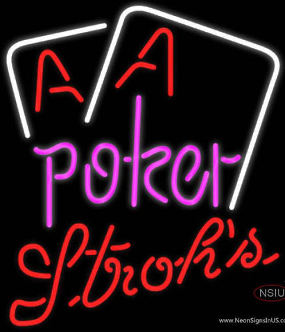 Strohs Purple Lettering Red Aces White Cards Poker Real Neon Glass Tube Neon Sign 7
