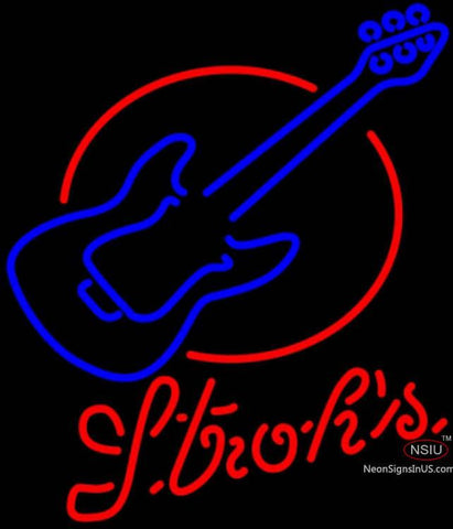 Strohs Red Round Guitar Neon Sign   