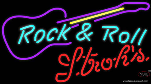 Strohs Rock N Roll Guitar Real Neon Glass Tube Neon Sign 