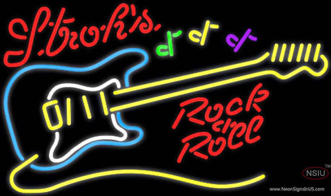 Strohs Rock N Roll Yellow Guitar Real Neon Glass Tube Neon Sign