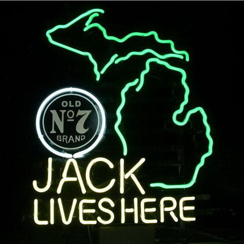 Professional  New Jack Daniels Lives Here Michigan Whiskey Real Neon Beer Bar Sign 