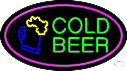 Pink Oval Cold Beer Neon Sign