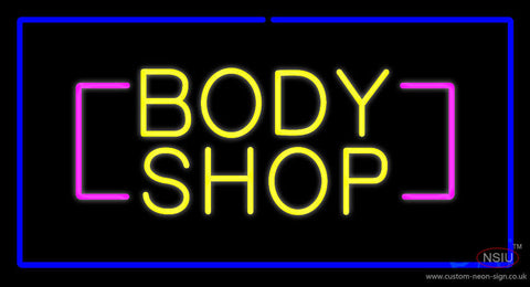 Yellow Body Shop Blue Rectangle Neon Sign 