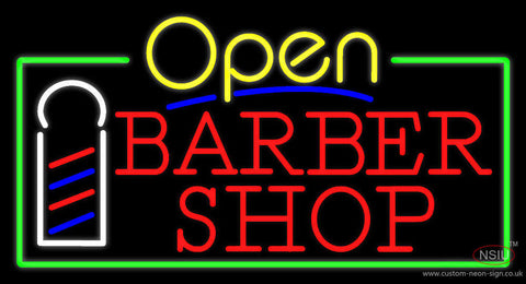 Yellow Open Red Barber Shop Green Border Neon Sign 