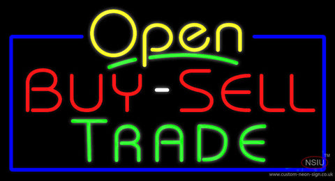 Yellow Open Buy Sell Trade Blue Border Neon Sign