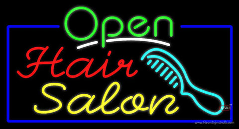 Green Open Hair Salon with Blue Border Real Neon Glass Tube Neon Sign