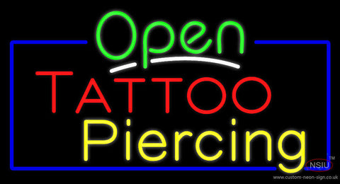 Open Tattoo Piercing Blue Border Neon Sign