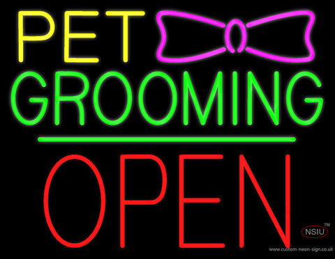 Pet Grooming Logo Block Red Open Green Line Neon Sign 