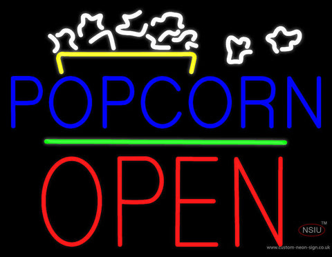 Popcorn Logo Open Block Green Line Neon Sign 